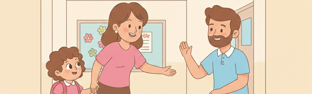 Despedida entre pais e criança no início das aulas, representando o processo de adaptação escolar infantil