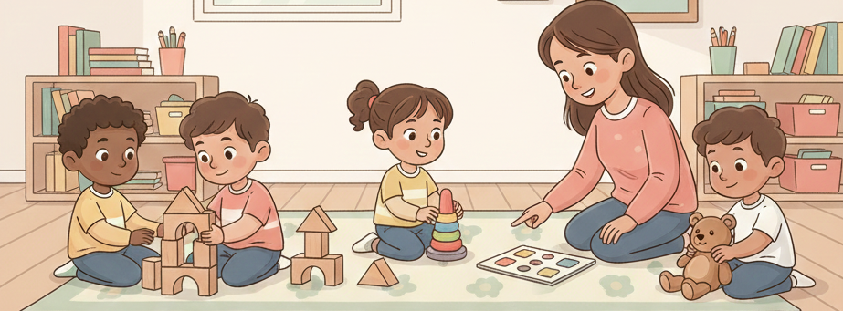 Crianças brincando na sala de aula durante a adaptação escolar, mostrando integração e rotina escolar