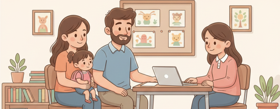 Pais conversando com professora sobre adaptação escolar da criança nos primeiros dias de aula