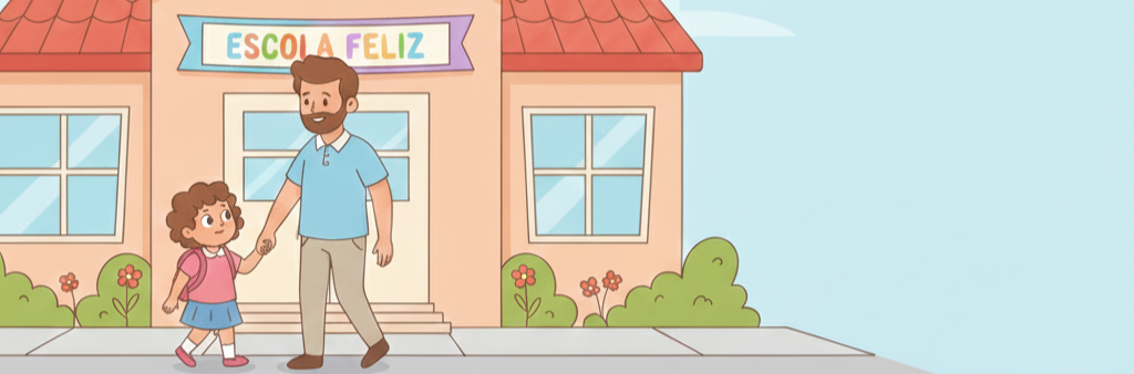 Criança chegando à escola no primeiro dia de aula com responsável, ilustrando a adaptação escolar nos primeiros dias