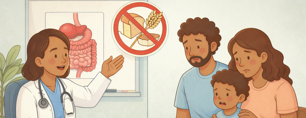 Pediatra explicando doença celíaca para pais e criança em consultório, com imagem do intestino e símbolo de alimento sem glúten ao fundo.
